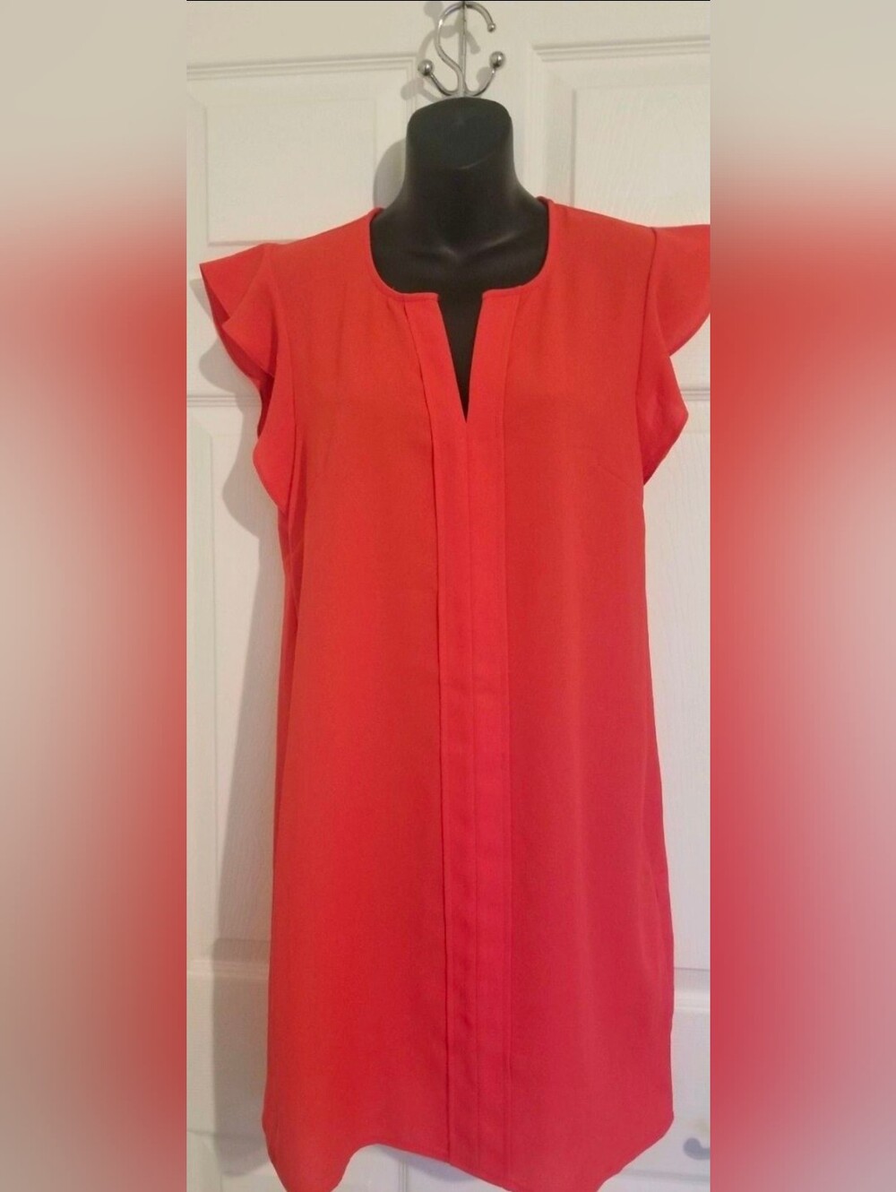 Womens Coral Split-Neck Flutter Sleeve Dress